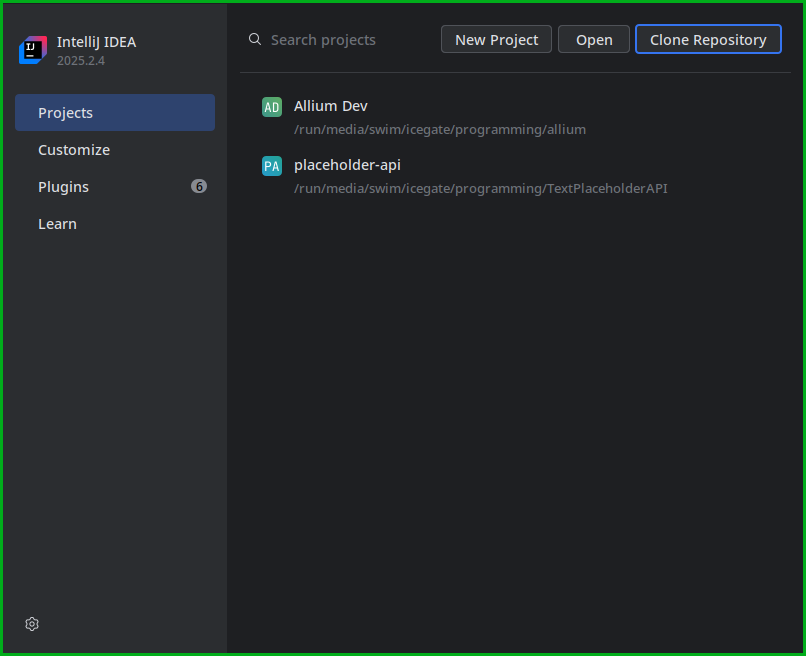 A screenshot of IntelliJ IDEA's project menu with the Clone Repository selected