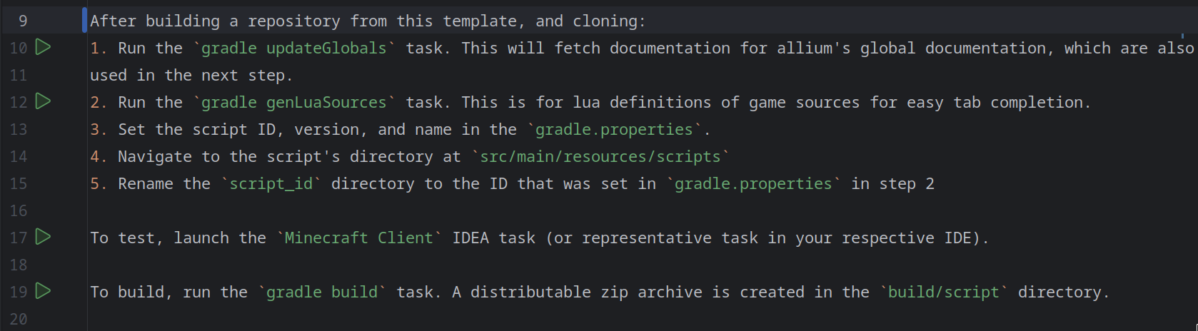A screenshot of the Allium Example Script README in IntelliJ IDEA.